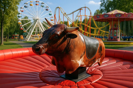 Mechanical bull in amusement park with ferris wheel and roller coaster under clear skies. concept of adventure, entertainment, family fun.の写真素材