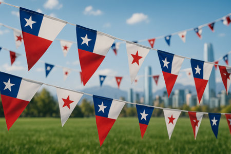 Chilean independence celebration with colorful flags in a green park against city skyline. concept of national pride, outdoor festivity, urban celebration.の写真素材