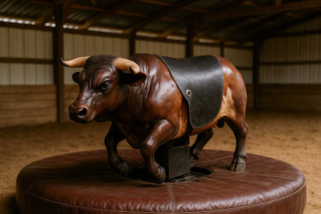 Mechanical bull ride in rustic indoor arena with wooden interior and classic leather design. concept of rodeo, indoor entertainment, western-themed activity.の写真素材
