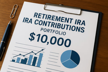 Retirement portfolio paperwork featuring ira contributions and financial graphs on clipboard for wealth management concept.の写真素材