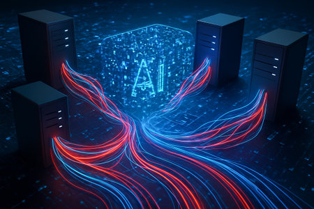 Ai cybersecurity and data concept with network servers and digital streams in futuristic technology scene. concept of artificial intelligence, data protection, digital networks.の写真素材