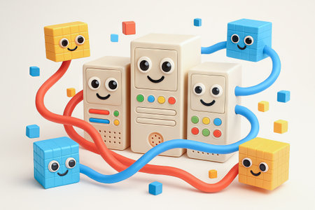 Cute colorful smiling blocks and towers connected with tubes in a playful kids technology world...