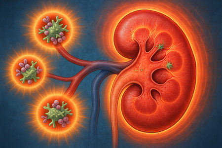 Immune system targeting kidneys in detailed biological illustration. concept of kidney health,...