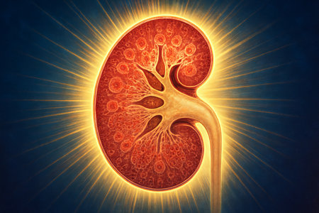 Artistic illustration of kidney tissue with radiant halo effect in vibrant colors. concept of...
