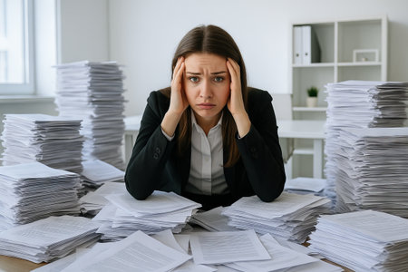 Stressed business woman overwhelmed by large stacks of office paperwork at desk in modern workplace. concept of work pressure, stress management, corporate job challenges.のeditorial素材