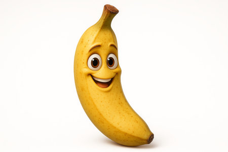 Smiling cartoon banana with expressive face on white background. concept of playful food, healthy snack, fun character illustration.の写真素材