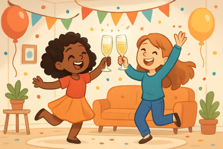 Joyful friends celebrating with glasses of champagne at a festive indoor party with colorful decorations. concept of friendship, celebration, cheerful gathering.の写真素材