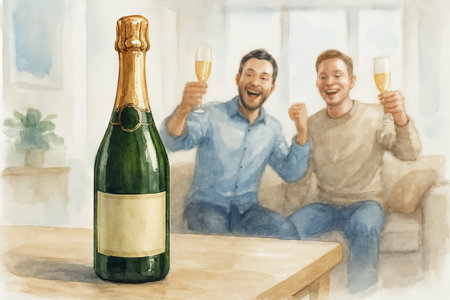 Two joyful men celebrating with champagne in a cozy living room. concept of festive mood, friendship celebration, indoor leisure gathering.の写真素材