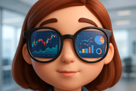 Young african american woman looking at data charts reflected in glasses, concept of business analytics, data visualization, financial analysis.の写真素材