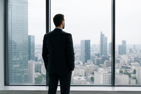 Business man in suit gazing through panoramic windows at city skyline from high-rise office. concept of corporate leadership, urban landscape, professional contemplation.の写真素材