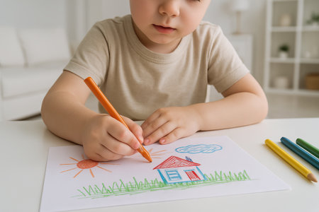 Young child engaged in creative drawing activity with colorful crayons at home. concept of childhood creativity, art exploration, imaginative play.の写真素材