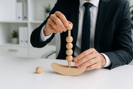 Business man stacking wooden beads on balancing toy at office desk for stress relief. concept of concentration, workplace relaxation, mindfulness activity.の写真素材