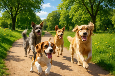 Joyful dogs running in sunny park path surrounded by lush greenery and blue sky. concept of outdoor adventure, canine companionship, happy moments in nature.の写真素材
