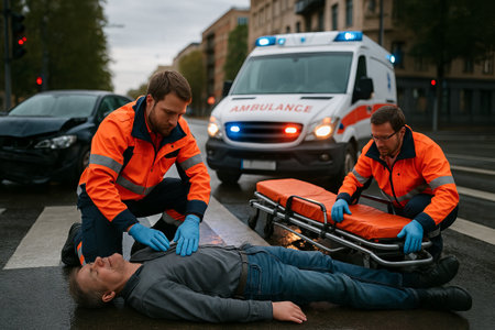 Paramedics assisting injured man at city intersection with ambulance in background highlighting...