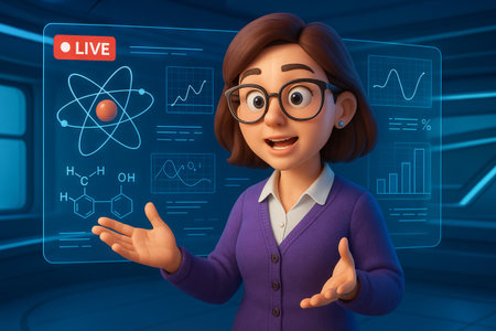 Futuristic science lesson with female teacher and digital presentation in modern classroom. concept of technology in education, interactive learning, virtual lecture.の写真素材