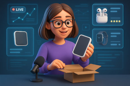 Smiling caucasian woman unboxing gadget in modern setting with microphone and illustrative tech icons. concept of technology review, excitement of new purchase, online content creation.の写真素材