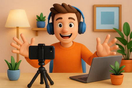 Cheerful blogger in studio with laptop and camera recording content. concept of digital content creation, modern technology, social media influence.の写真素材