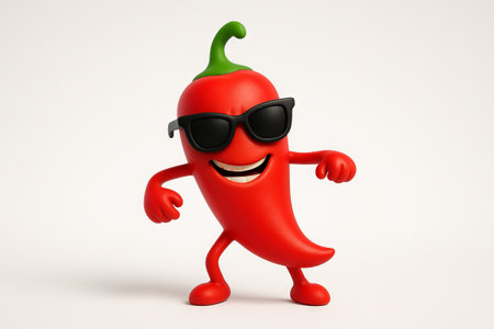 Dancing chili pepper with sunglasses performing fun moves on white background. concepts of playful food art, spicy humor, quirky character.の写真素材