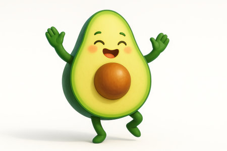 Cute cartoon avocado dancing happily with cheerful expression on a simple background illustration. concept of fun fruit character, playful mood, healthy lifestyle.の写真素材