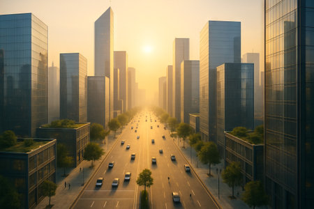 Futuristic cityscape at sunrise with high-rise buildings and busy streets in early morning light. concept of urban innovation, modern architecture, urban lifestyle.の写真素材