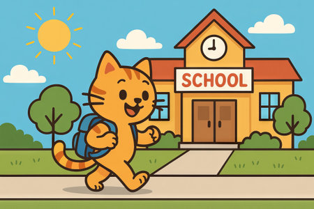 Cartoon school cat with backpack walking happily to school on a sunny day with trees. concept of education, back to school, childhood adventure, cheerful learning.の写真素材