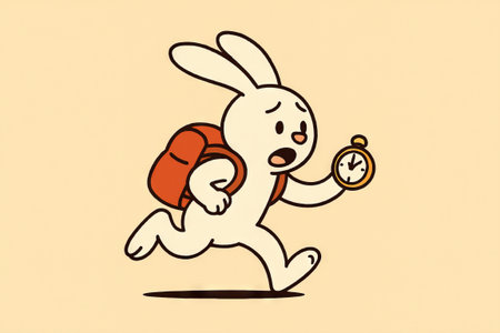 Illustration of a cartoon rabbit running late with red backpack and clock. concept of time management, urgency, cute animal character.の写真素材