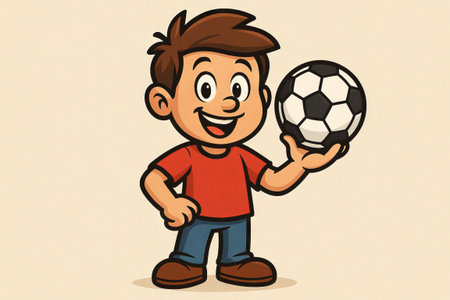 Cartoon soccer mascot of cheerful child holding soccer ball in casual attire. concept of sports enthusiasm, children's activities, playful illustration.の写真素材