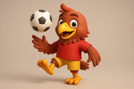 Cartoon bird juggling soccer ball with cheerful expression. concept of sports mascot, playful activity, fun illustration.の写真素材