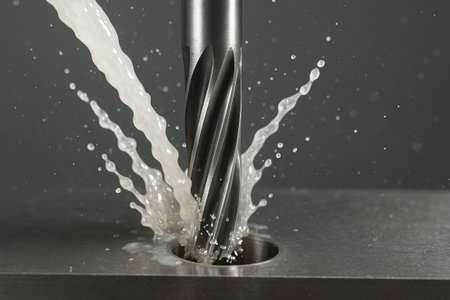 Close-up of metal drill bit cutting through steel with cooling fluid splashing in slow motion. concept of precision engineering, industrial manufacturing, metalworking process.の写真素材