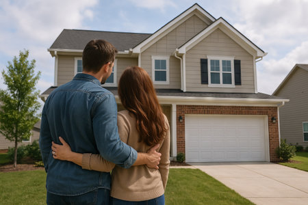 Couple embracing joyfully in front of their new home on a sunny day. concept of new beginnings, home ownership celebration, excitement for future endeavors.の写真素材