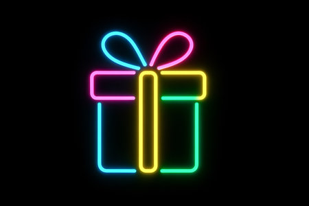 Glowing neon gift illustration with bright colored ribbon on black background. concept of festive celebration, digital art, modern holiday decor.の写真素材