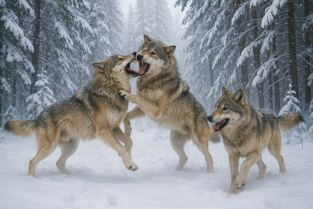 Playful wolves interacting in a snow-covered forest amidst winter scenery capturing the essence of wild nature, animal behavior, and natural habitat beauty.の写真素材