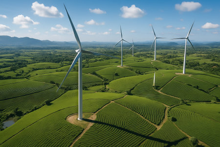 Scenic view of wind turbines over lush green plantations under a clear blue sky. concept of...