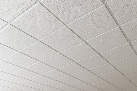Perforated ceiling panels in geometric grid pattern for modern architectural design and acoustics enhancement in minimalist interior spaces.の写真素材