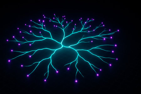 Glowing neural network illustration with bright nodes and electric blue connections on a dark...