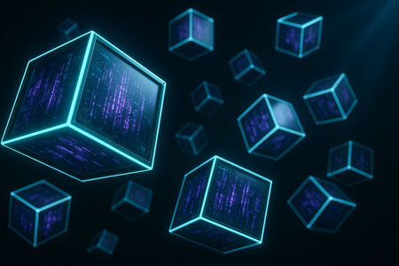 Floating glowing cubes in dark space illustration with digital matrix texture highlighting...