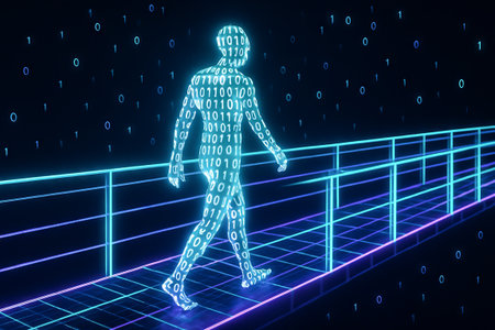 Futuristic binary code human walking on neon digital bridge in virtual reality environment. Concept...