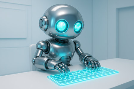 Futuristic robot typing on a keyboard in a modern setting illustration. concept of artificial...
