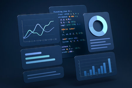 floating interface with graphs and code display for data analysis and technology visualization....