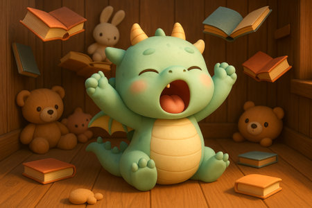 Adorable yawning baby dragon and floating books in cozy wooden room illustration. concept of magical creatures, fantasy imagination, cute nursery decor.の写真素材