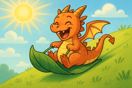 Cheerful orange dragon enjoying leaf sledding down sunny hillside in whimsical illustration. concepts of playful adventure, fantasy fun, outdoor activity.の写真素材