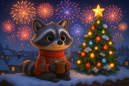 Festive raccoon enjoying rooftop view with fireworks and decorated christmas tree illustration for holiday cheer and celebration.の写真素材