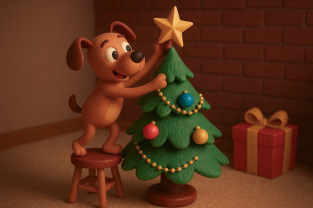 Illustration of a dog balancing star on christmas tree next to gift box in festive room scene,...