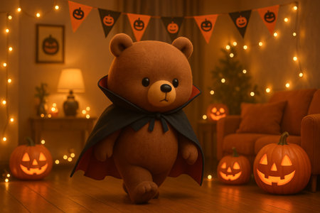 Cute halloween bear strolls through cozy decorated room with jack-o-lanterns and festive lights illustration.の写真素材