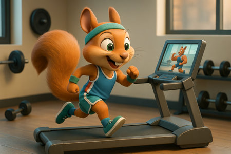 Illustration of a cartoon squirrel exercising on treadmill in gym with blue headband and athletic...