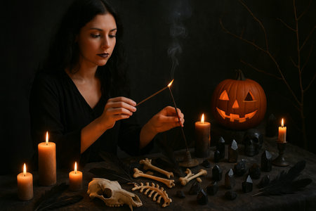 Young woman performing halloween altar ritual with candles, incense, and jack-o-lantern in dark room. concept of spiritual ceremony, autumn celebration, mystical ambiance.の写真素材