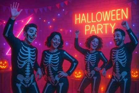 Neon skeleton dance party with friends in halloween decor celebrating with joyful moves at festive party scene. concept of halloween celebration, nightlife, fun gathering.の写真素材