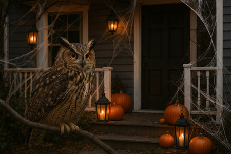 Owl among halloween decor with pumpkins and lanterns at spooky porch scene on chilly autumn night. concept of halloween atmosphere, eerie halloween night, spooky festive decor.の写真素材