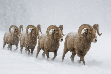Bighorn sheep trekking through snowy landscape in winter wonderland. concept of wildlife adventure,...