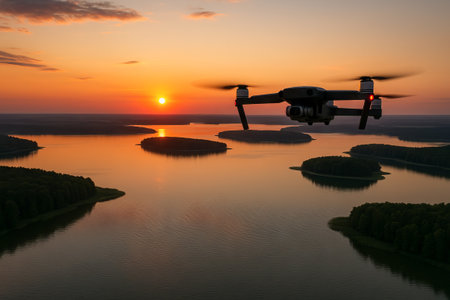 Drone capturing mesmerizing sunset over lake district illustrating scenic landscape, aerial photography, nature's beauty, tranquility of evening sky, peaceful atmosphere.の写真素材